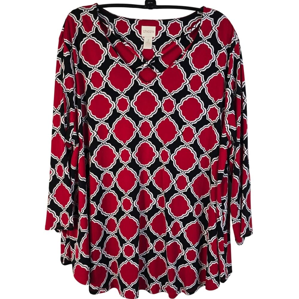 Chicos Modern Montage Top Womens 3/XL Black Red Caged Neckline Geometric Classic